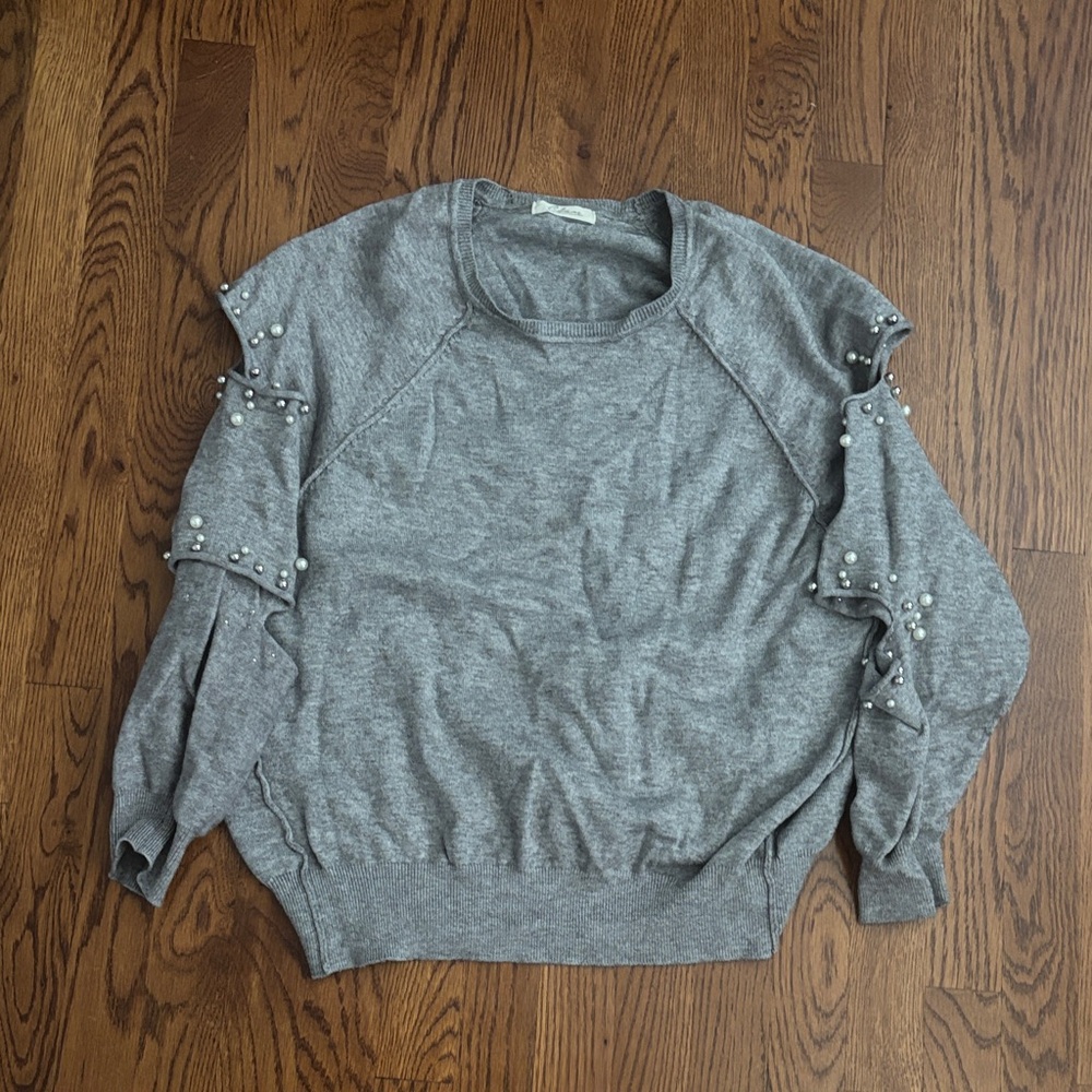 Elan Gray Sweater with Pearl Accents